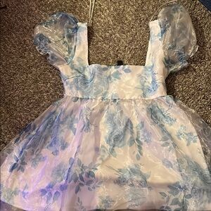 Blue Floral Puff Sleeve Dress